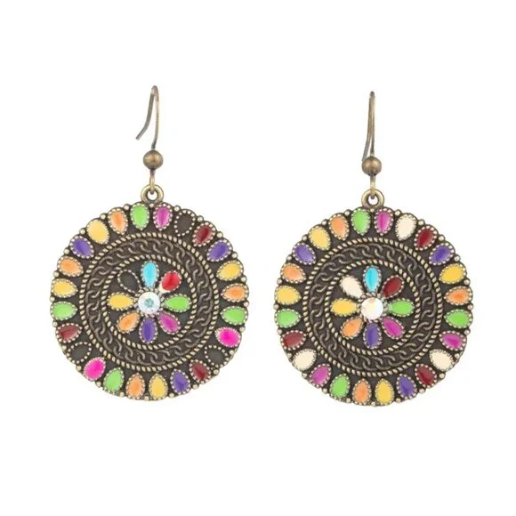 3/$35 Ethnic Dangle Drop Fashion Earrings Antique Gold Round Colourful Stones - Picture 7 of 7